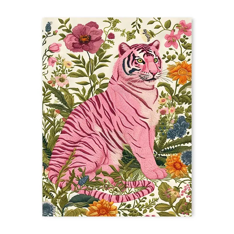 A vibrant pink tiger with black stripes on a nordic canvas painting for bathroom and living room decor by decorbites