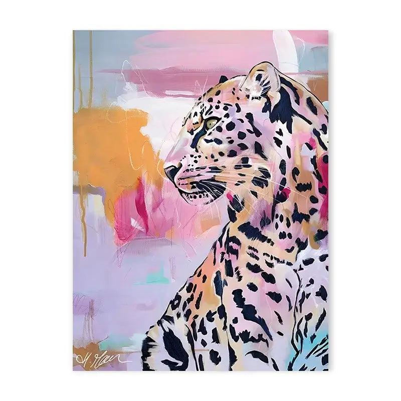 Decorbites™ animal-themed nordic canvas painting of a leopard with bold spots on pink background for living room decor