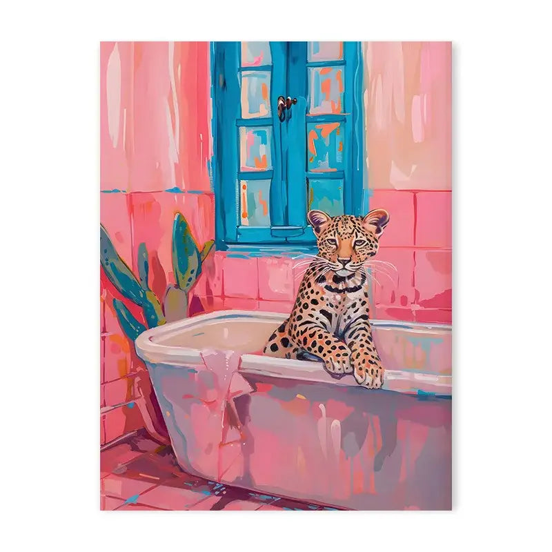 A vibrant nordic canvas painting of a young leopard in a pink bathtub for bathroom or living room decor by decorbites