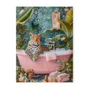 Decorbites™ animal theme canvas painting of a golden eyed leopard in a pink bathtub with tropical foliage background