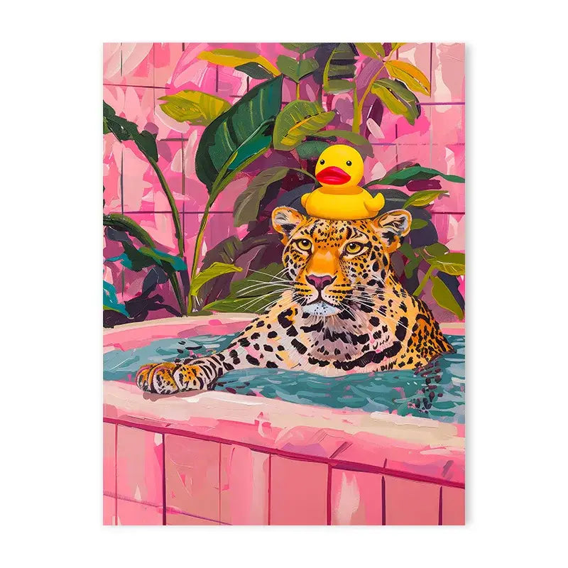 DecorBites™ animal theme canvas painting with a vibrant pink bathtub featuring a leopard and yellow rubber duck