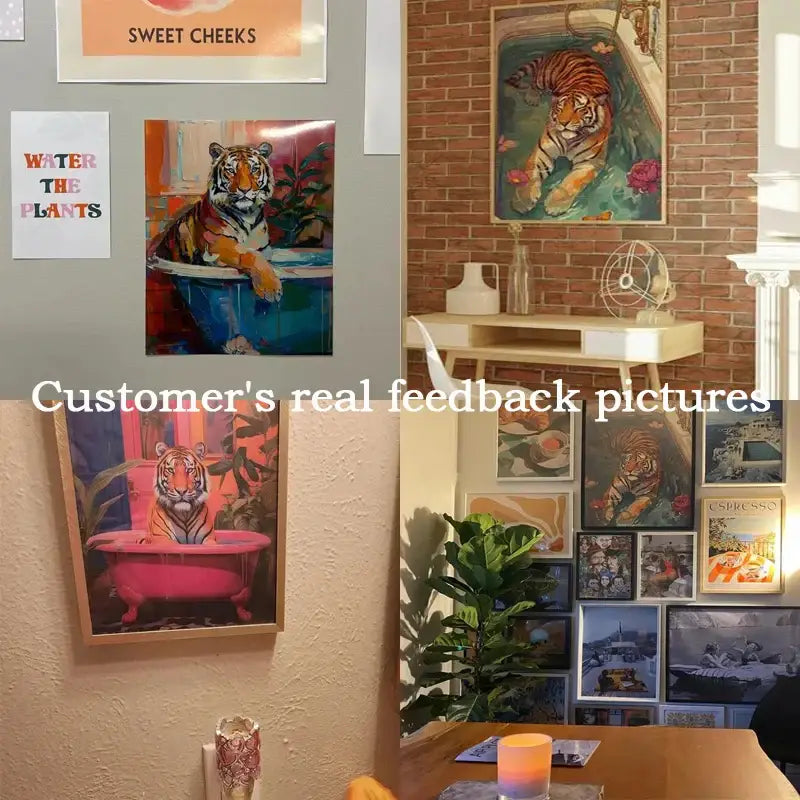 Framed DecorBites™ animal canvas wall art featuring a majestic orange and black tiger in a vibrant pink bathtub canvas painting