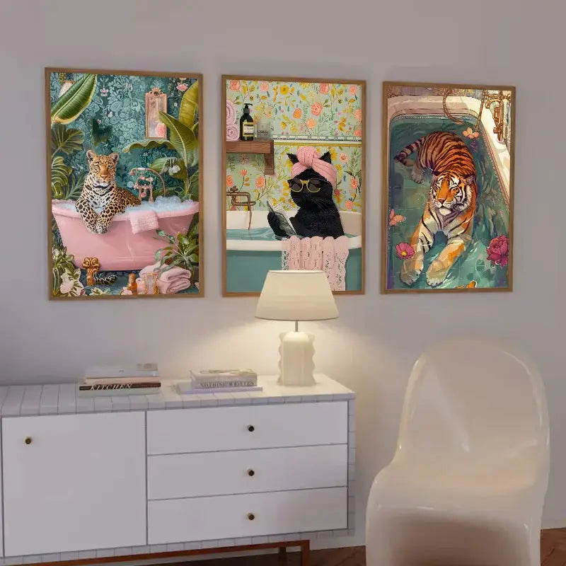 Three vibrant animal canvas wall art paintings featuring anthropomorphic cats in colorful floral bath scenes by DecorBites™