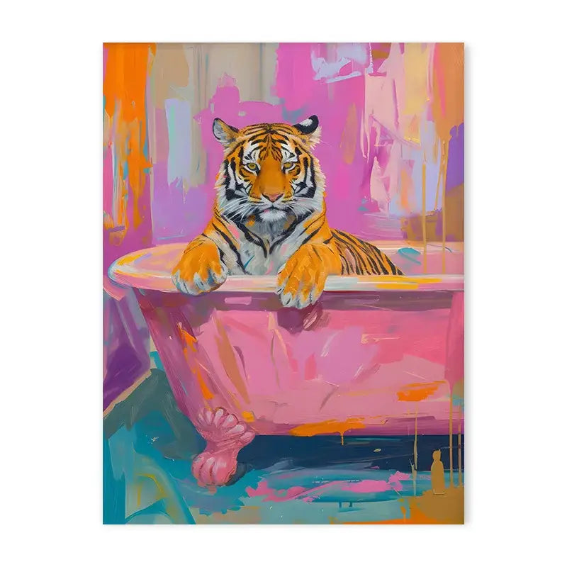 Decorbites™ animal canvas wall art tiger features a vibrant canvas painting of a tiger in a pink clawfoot tub