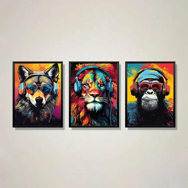Set of three vibrant framed digital art prints featuring wolf lion and monkey with headphones gaming posters for teens wall art