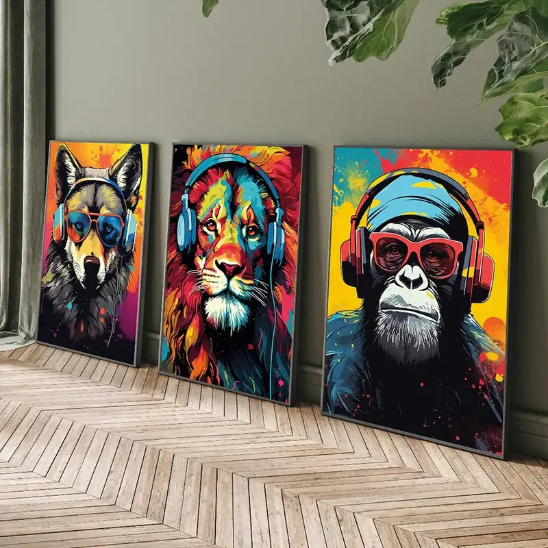 Three colorful pop art animal headphones gaming posters featuring a dog lion and monkey wall art for teens