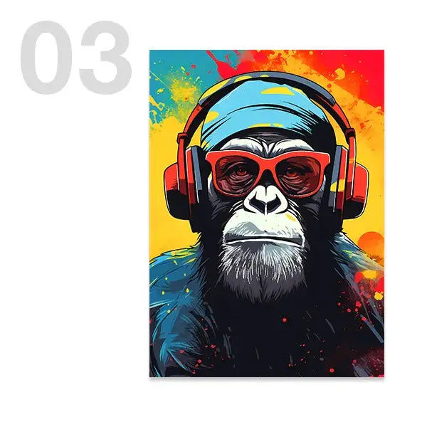 Vibrant pop-art canvas gaming poster featuring a chimpanzee with red sunglasses and headphones colorful wall art print