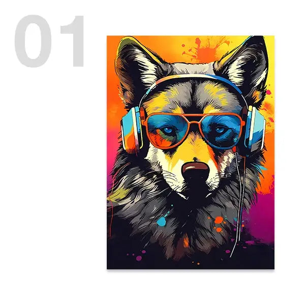 Vibrant pop-art wall art of a dog with blue sunglasses and headphones in fiery colors for gaming posters by DecorBites™
