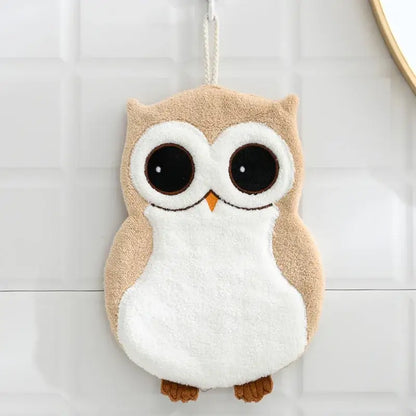 Cute beige and white plush owl hand towel with embroidered eyes and orange beak for bathroom decor and decorbites elephant hippo microfiber use