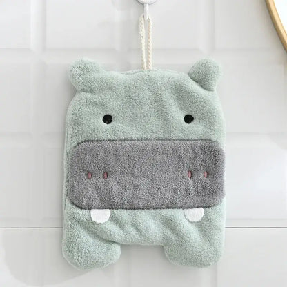 Soft mint-green plush hippo hand towel with gray snout made of microfiber for bathroom decorbites elephant hippo use