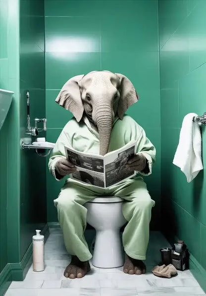 An elephant in light green pajamas sitting on a white toilet reading a newspaper in DecorBites™ animal posters set for home decor