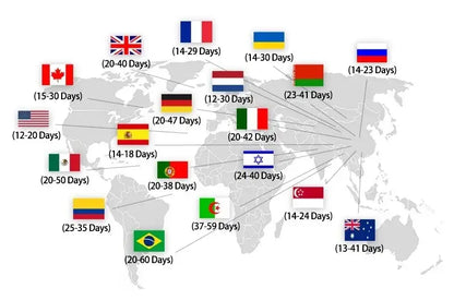 World map infographic showing estimated delivery times by country for decorbites™ animal posters set for home decor