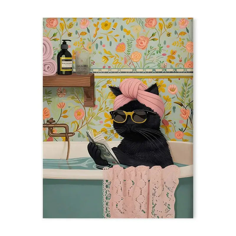 DecorBites™ animal print canvas wall art featuring a black cat with pink turban and yellow sunglasses in bathtub reading newspaper