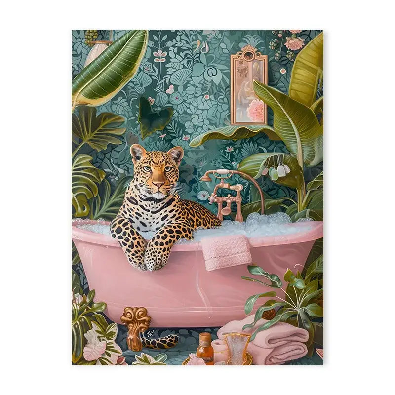 Decorbites™ animal print canvas wall art featuring a leopard with golden eyes in a pink tub and lush foliage