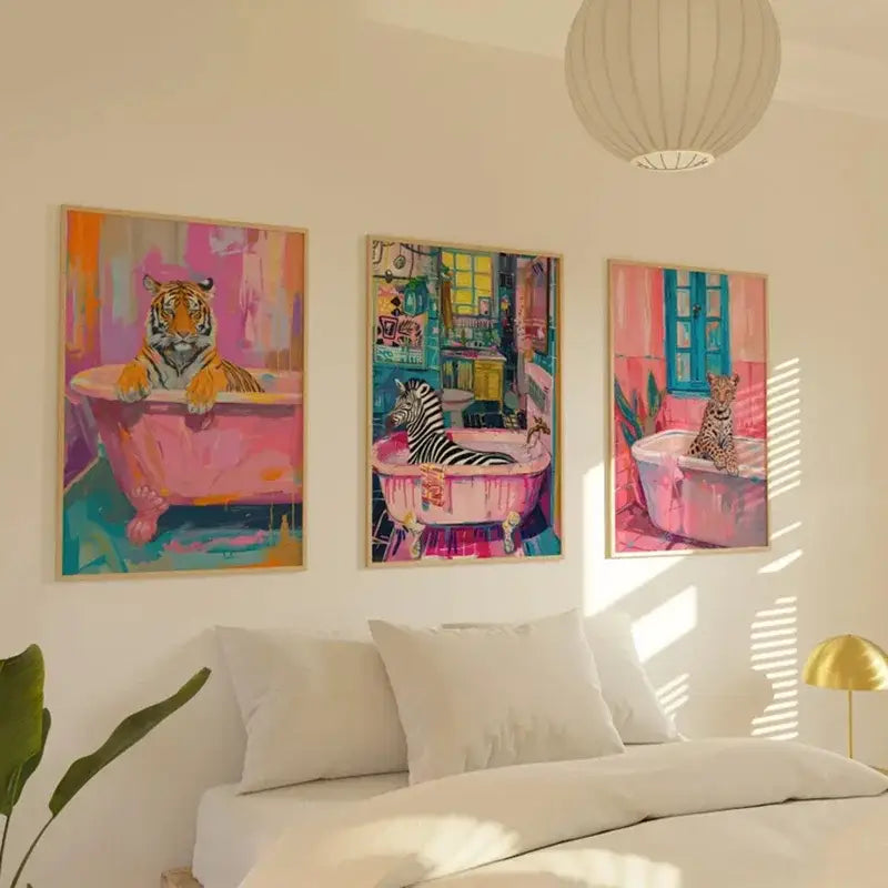 Decorbites™ animal print canvas wall art featuring a black cat tiger and zebra in pink bathtubs above a bed