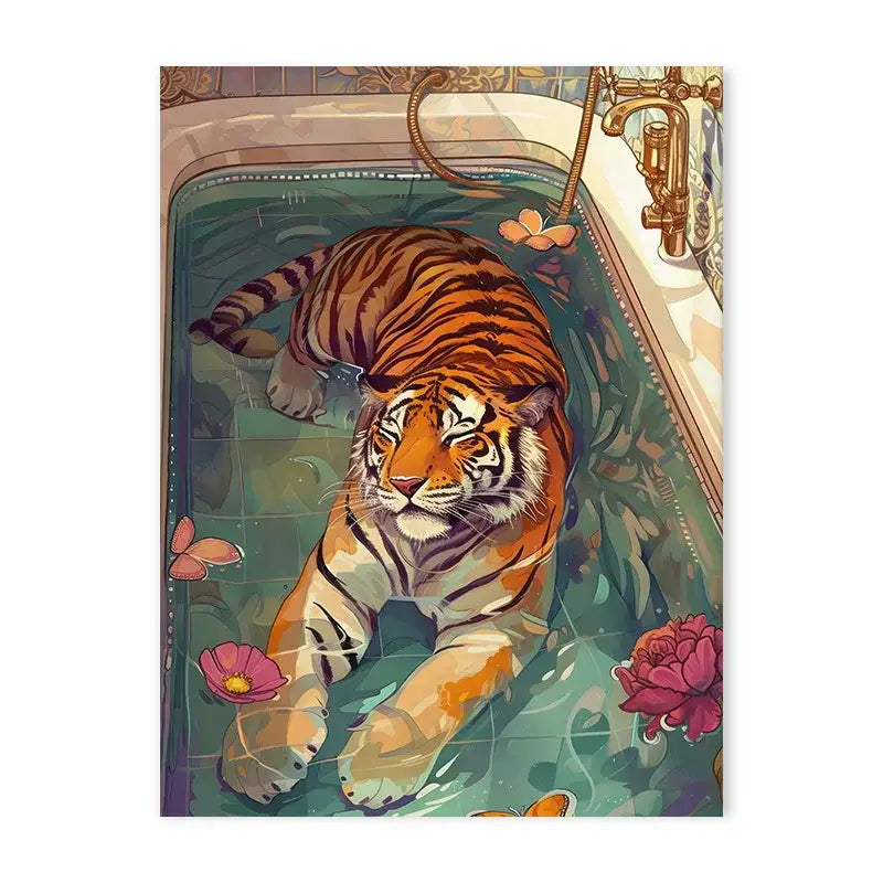 DecorBites™ animal print canvas wall art features a vibrant orange tiger with black stripes in a floral bathtub scene