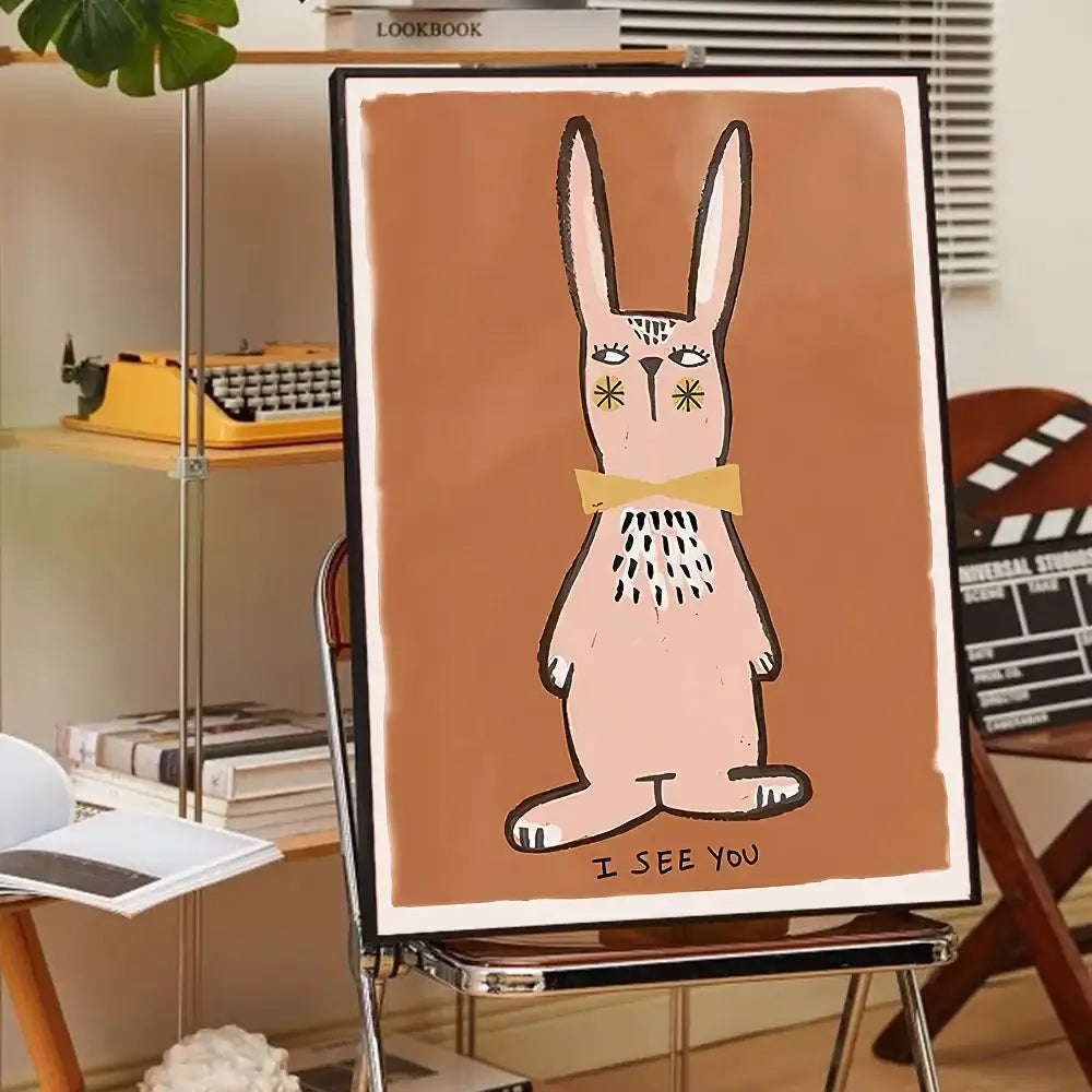 A framed canvas print of a stylized pink rabbit with star eyes in decorbites™ animal print rainbow movie posters for wall decor