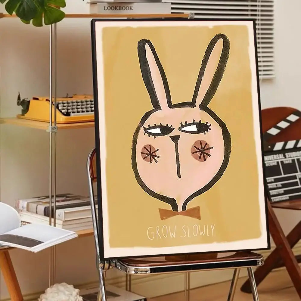A framed DecorBites™ animal print rainbow canvas featuring a pink rabbit with star cheeks and bow tie on mustard yellow