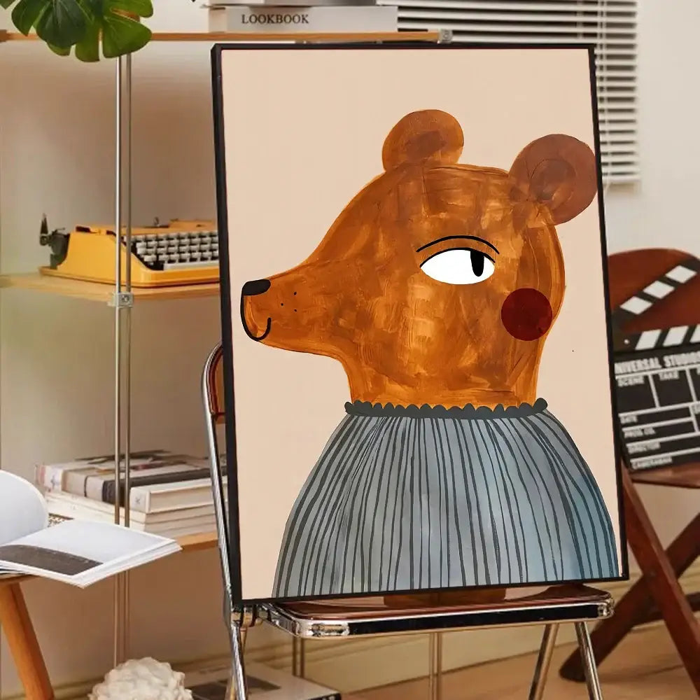 A charming decorated canvas from decorbites animal print rainbow featuring a brown bear with red cheek wearing blue skirt