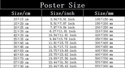 Poster size chart showing dimensions in cm inches and mm for decorbites animal print rainbow movie posters wall decor