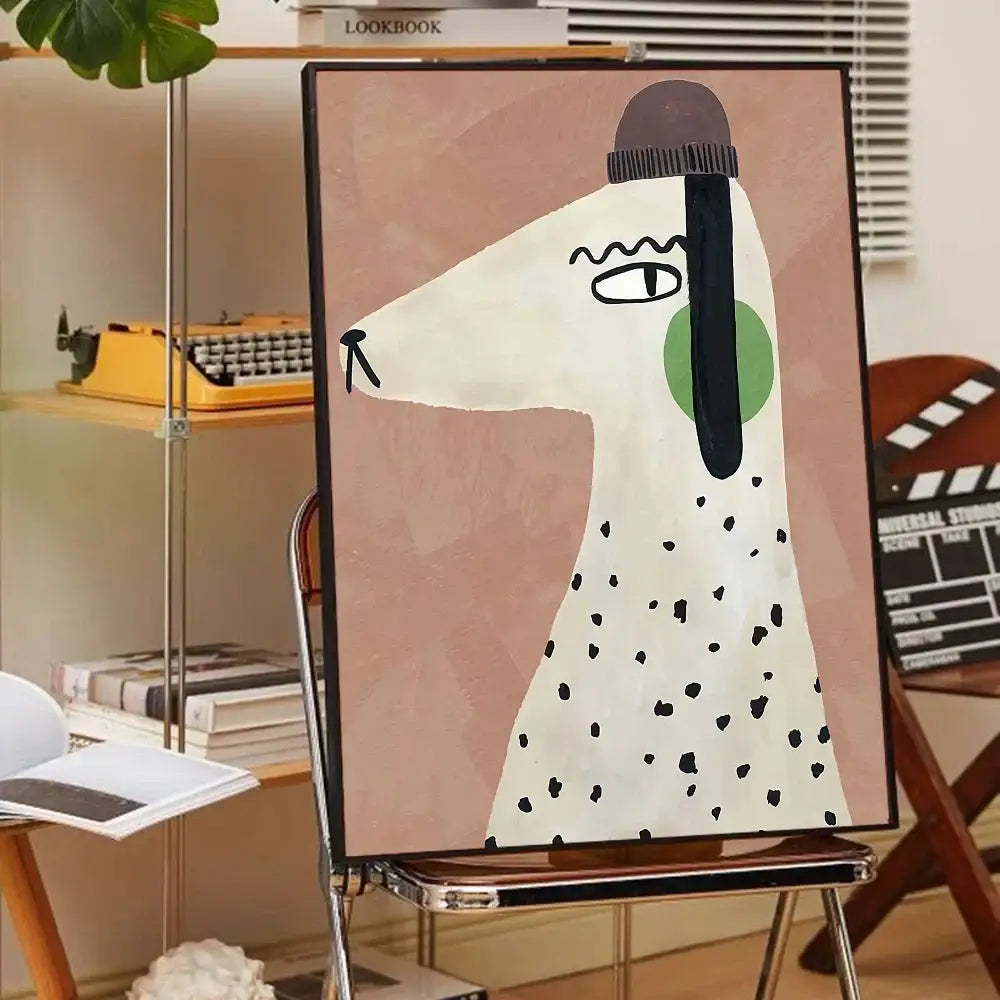 Stylized white dog with black spots and green ear patch wearing dark gray beanie featured in animal print rainbow movie posters by decorbites