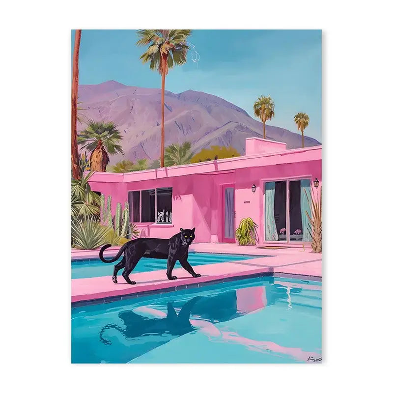 DecorBites™ canvas painting featuring colorful tiger and zebra wall art with vibrant pink mid-century house and turquoise pool