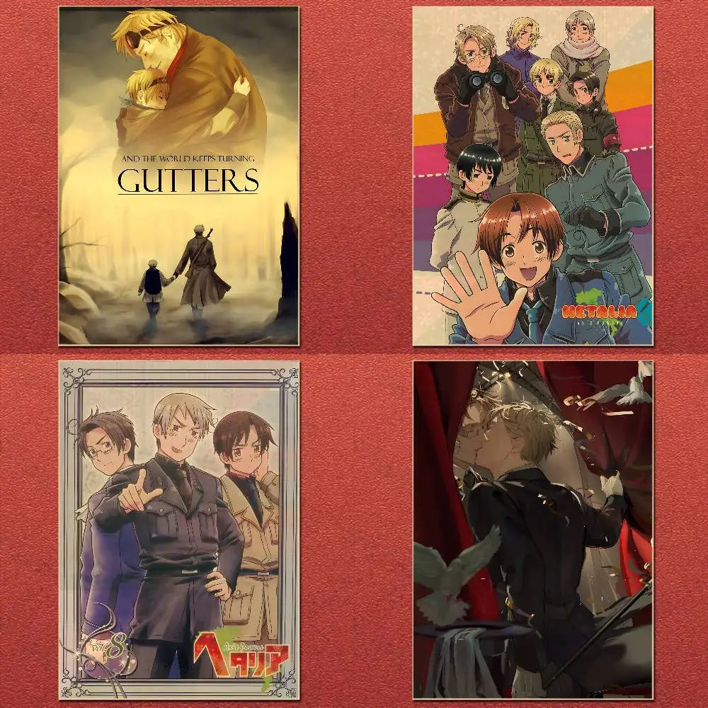 Four anime cartoon hetalia posters on metallic canvas featuring gutters and aldnoah.zero for home bedroom decor