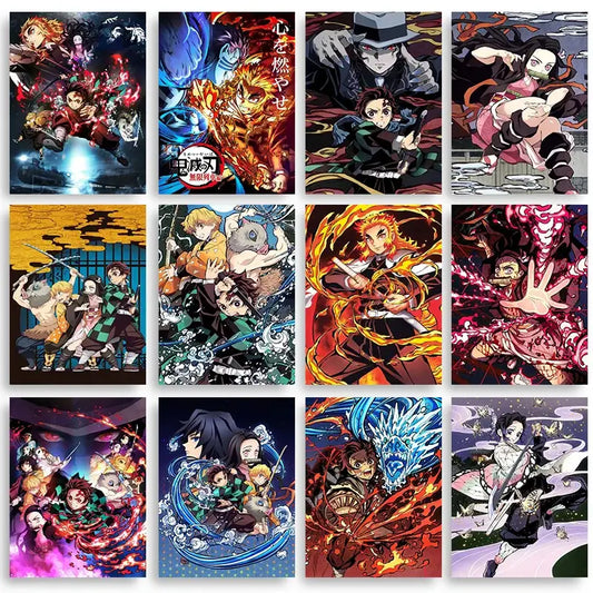 Collection of twelve vibrant anime demon slayer posters with dynamic character art featuring fiery and water-themed designs on canvas