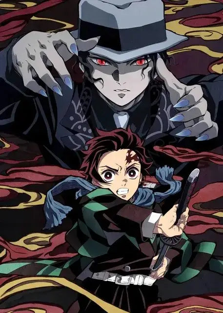 Decorbites™ anime demon slayer canvas wall art features a menacing gray-hatted figure with red eyes behind a character in green checkered haori