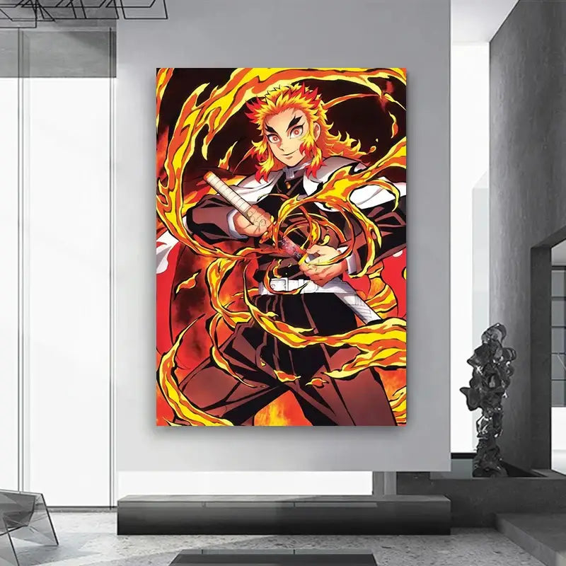 Vibrant orange and yellow flame-themed canvas wall art featuring an anime demon slayer character in a dynamic pose