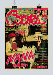 A vibrant anime nana retro poster set featuring two illustrated characters with bold red and pink typography on kraft paper
