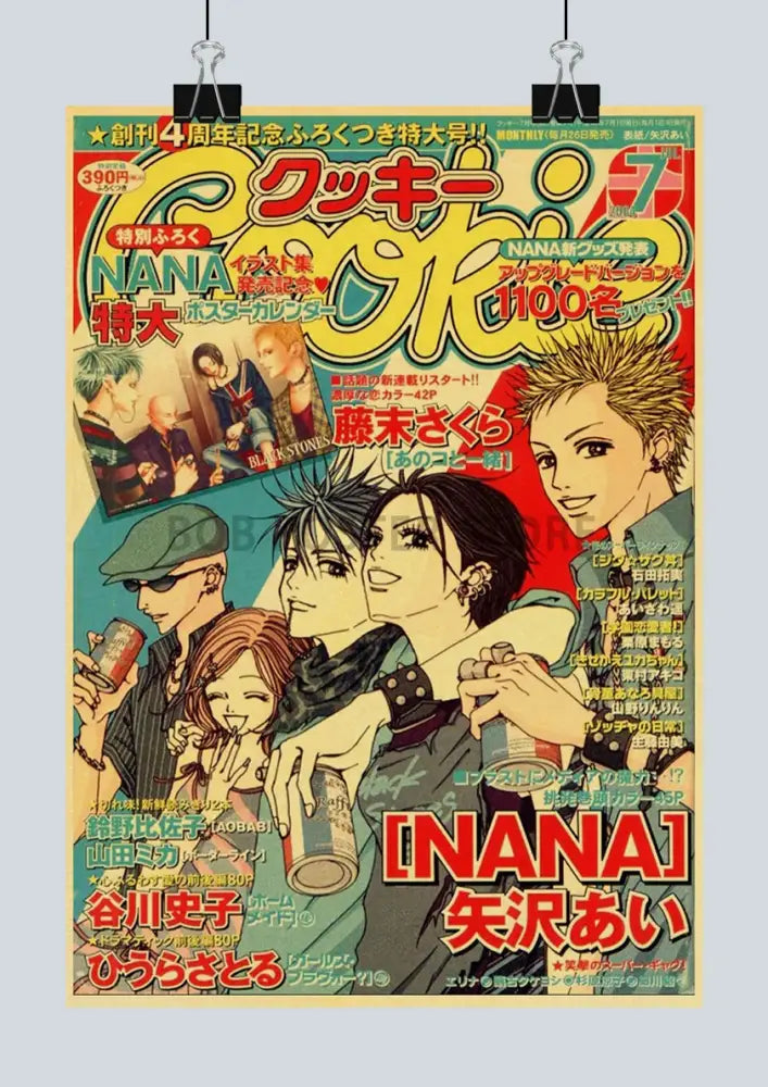 Vibrant yellow and red anime nana manga poster on kraft paper featuring dynamic nana posters retro designs from decorbites™