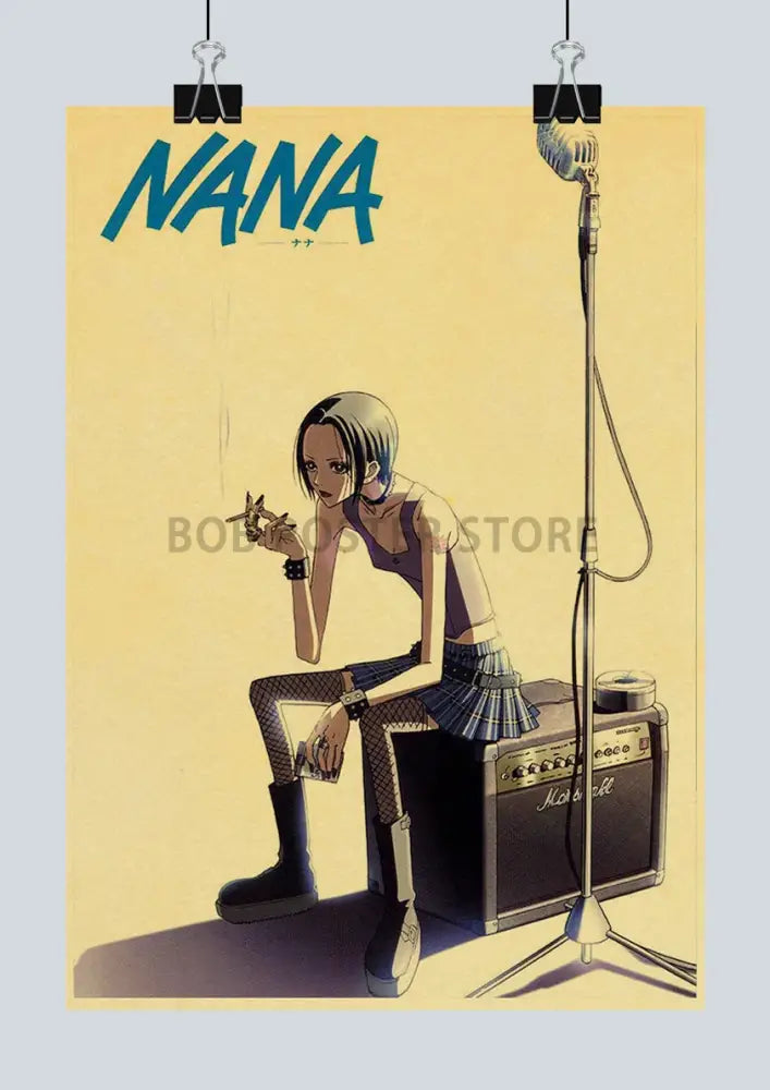 Vintage-style kraft paper anime nana poster featuring punk outfit with marshall amplifier from DecorBites™ nana posters retro set
