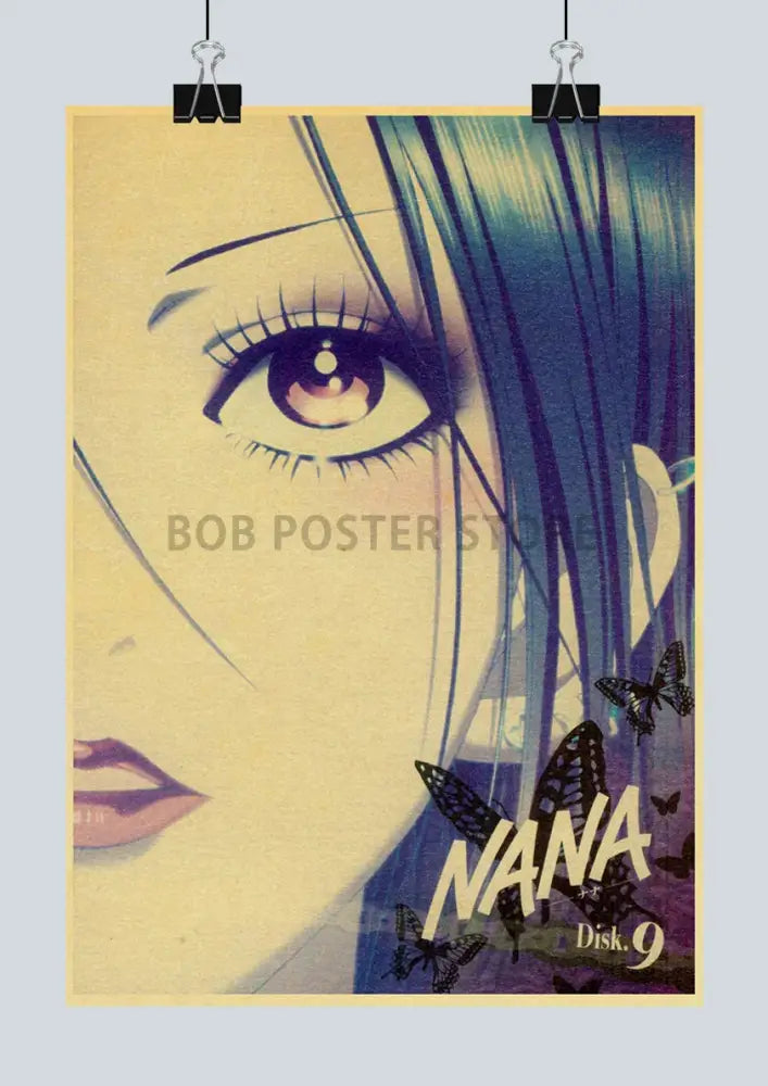 Vintage-style kraft paper anime nana poster featuring a close-up of blue hair and butterflies from decorbites retro set