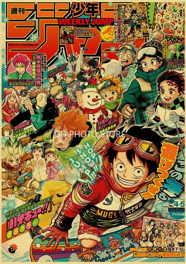 Vibrant red and yellow anime poster print featuring dynamic winter-themed vintage anime characters for home decor
