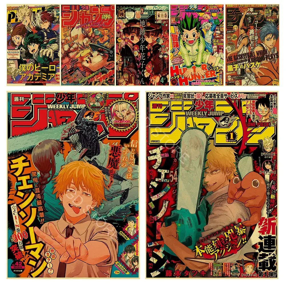 Vibrant weekly shonen jump anime poster collection featuring iconic my hero academia hunter x hunter and chainsaw man covers