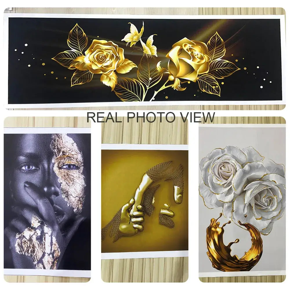 Golden roses with intricate leaves and delicate butterflies in a metallic finish on black background in anime poster collection decorbites