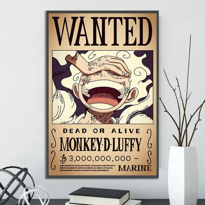A framed DecorBites™ anime One Piece poster featuring monkey d with a wide laughing mouth in a wanted style wall art piece poster set