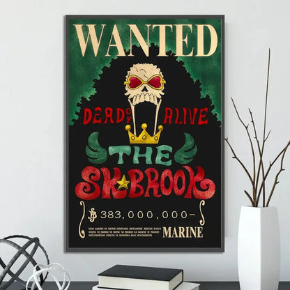 A framed decorbites™ anime one piece poster featuring a skull with red sunglasses and gold crown wall art piece poster set