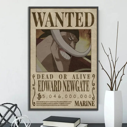 Vintage-style edward newgate wanted piece poster set on beige textured paper with dark brown lettering in black frame wall art