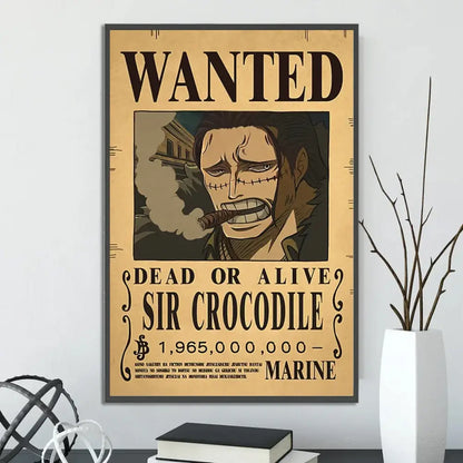 Vintage-style wall art featuring sir crocodile wanted poster printed on beige canvas in decorbites™ anime one piece poster set