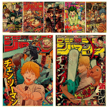 Decorbites™ anime poster set featuring vibrant chainsaw man and vintage anime poster covers with dynamic bold artwork