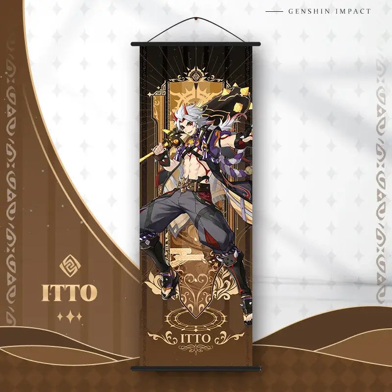 Decorbites™ anime poster wall art featuring genshin impact itto in black and gold with ornate patterns and name display