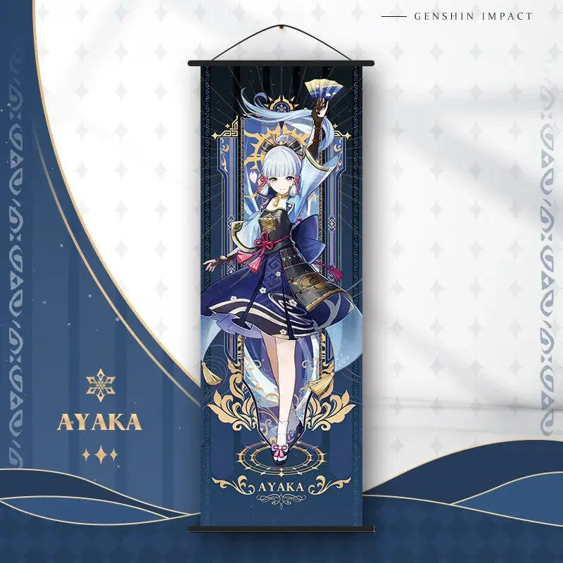 Navy blue and gold anime poster wall art featuring genshin impact character ayaka in elegant outfit with intricate patterns