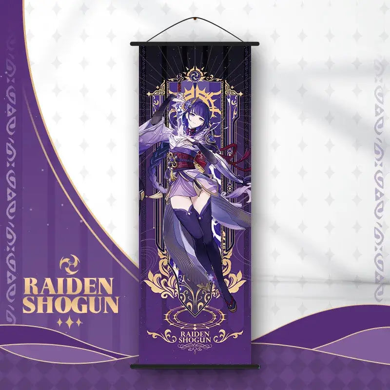Decorbites™ anime poster wall art featuring purple and gold raiden shogun from genshin impact hanging banner