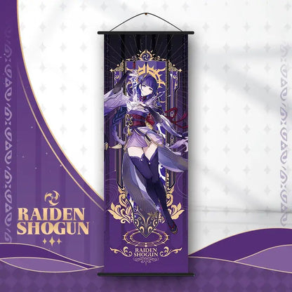 Decorbites™ anime poster wall art featuring purple and gold raiden shogun from genshin impact hanging banner