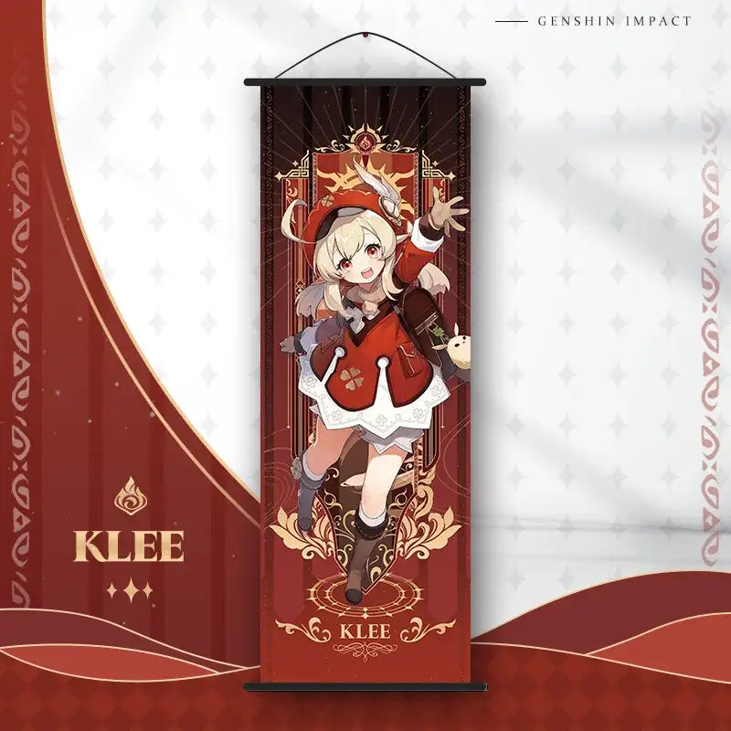 DecorBites™ anime poster wall art featuring red and gold genshin impact klee character with ornate border design