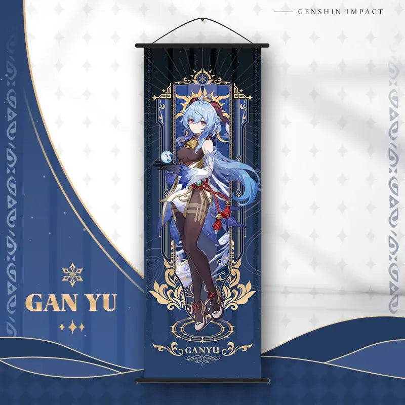 Decorbites™ anime poster wall art featuring a vertically hanging blue and gold genshin impact banner with gan yu design