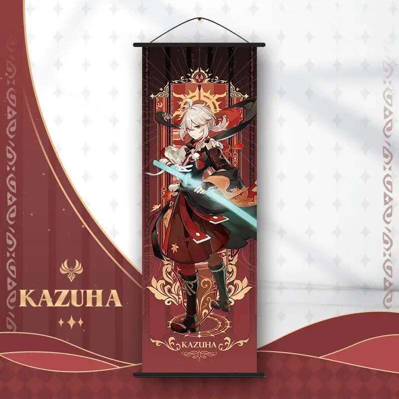 Decorbites anime poster wall art featuring kazuha in red and gold ornate design for genshin impact fans