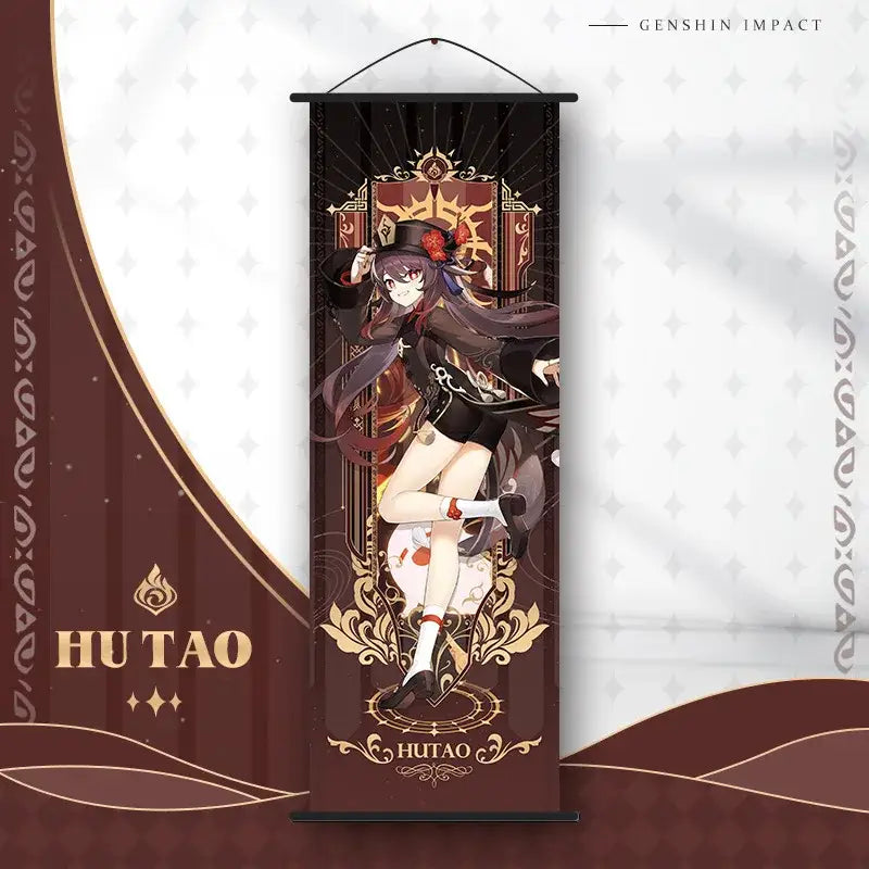 A genshin impact anime poster wall art scroll featuring hu tao with gold and maroon designs on a dark background
